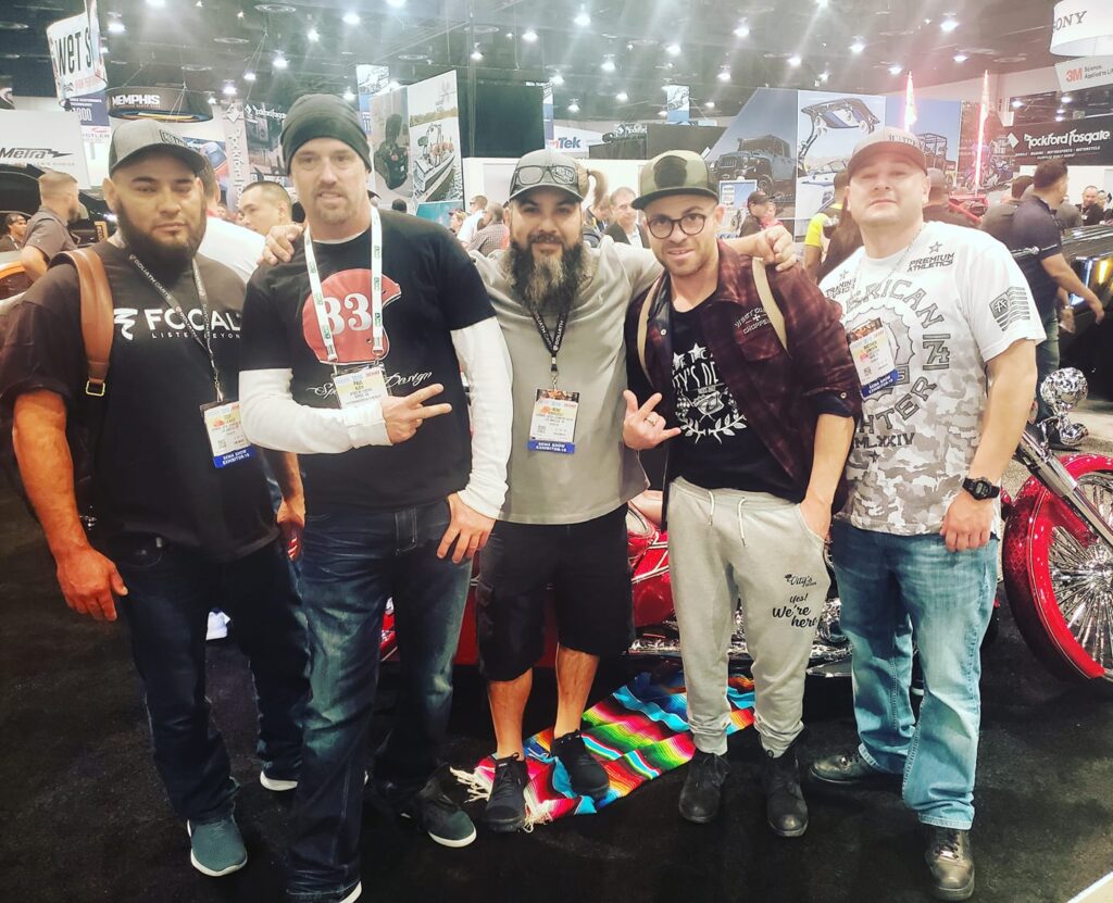 Jorge of Intense Audio and Performance, Coby Klein from Speed by Designs, Rene Rodrigez, Owner of Intense Audio and Performance, Matteo Vitali of Vity Designs based in Italy and Dennis Duran with the Intense Audio and Performance Team